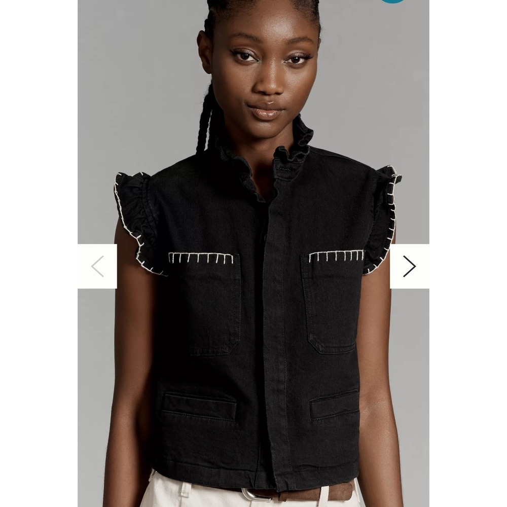 Seventy + Mochi Pablo Crop Vest Women M Black Denim Anthropologie Free People - Picture 2 of 13